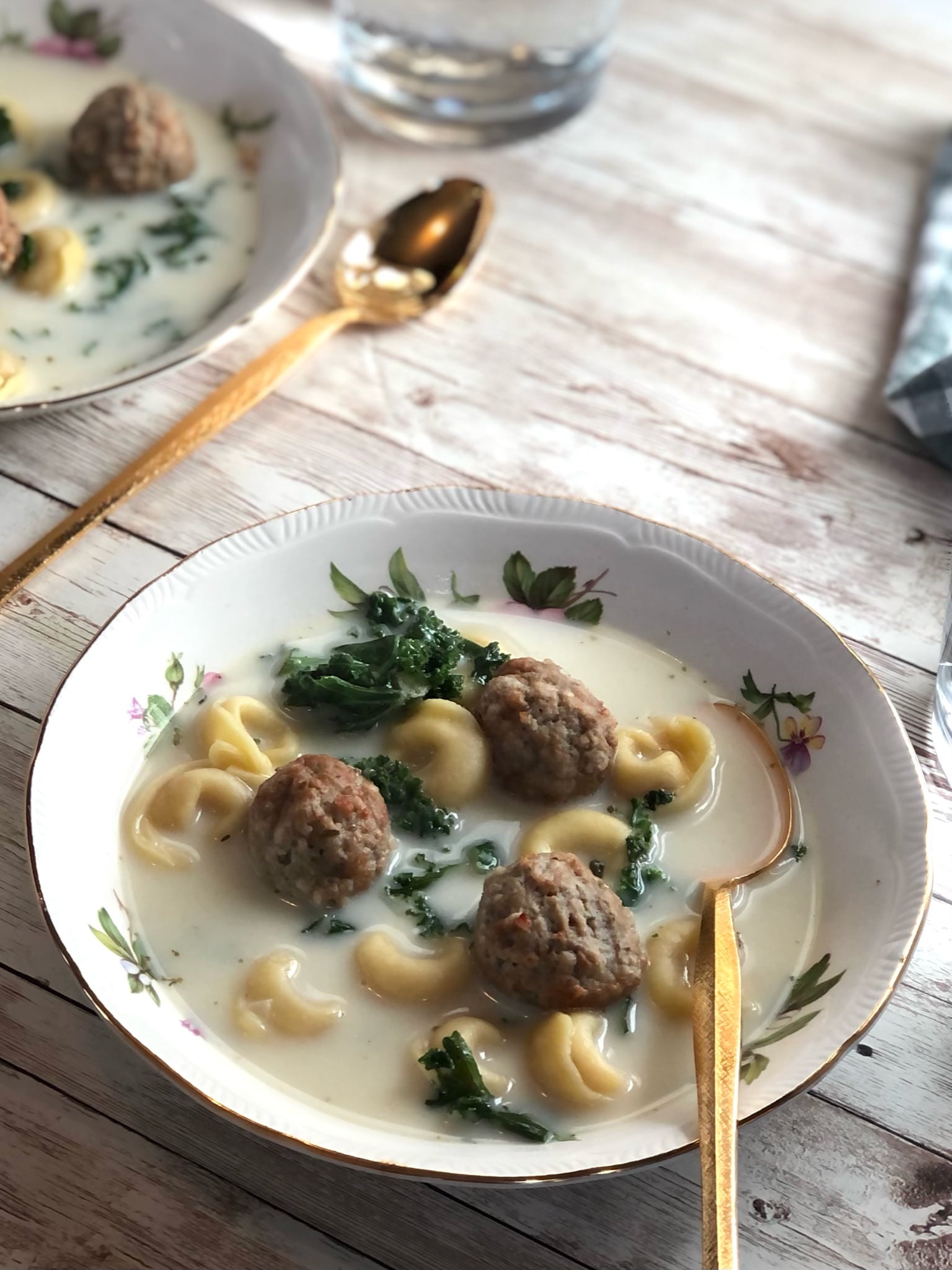 Easy Creamy Tortellini, Kale, and Meatball Soup