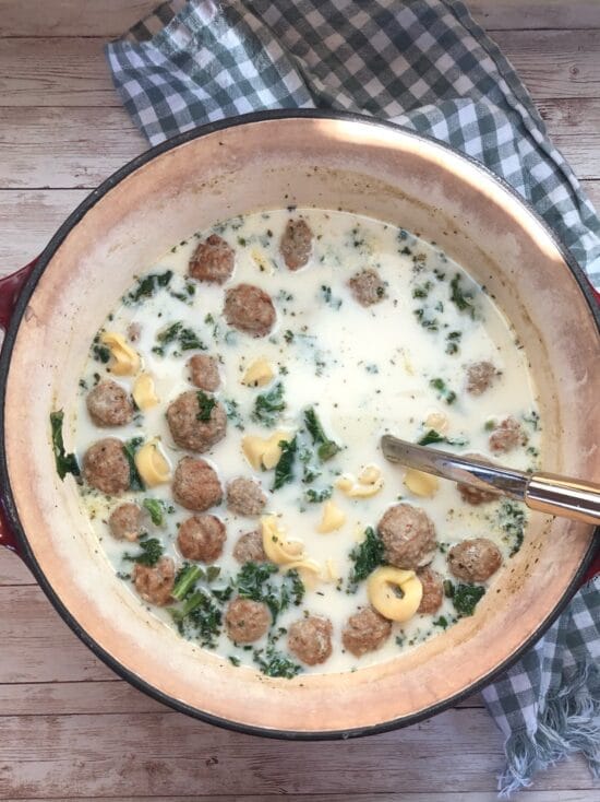 Pot of Creamy Tortellini Kale Meatball Soup