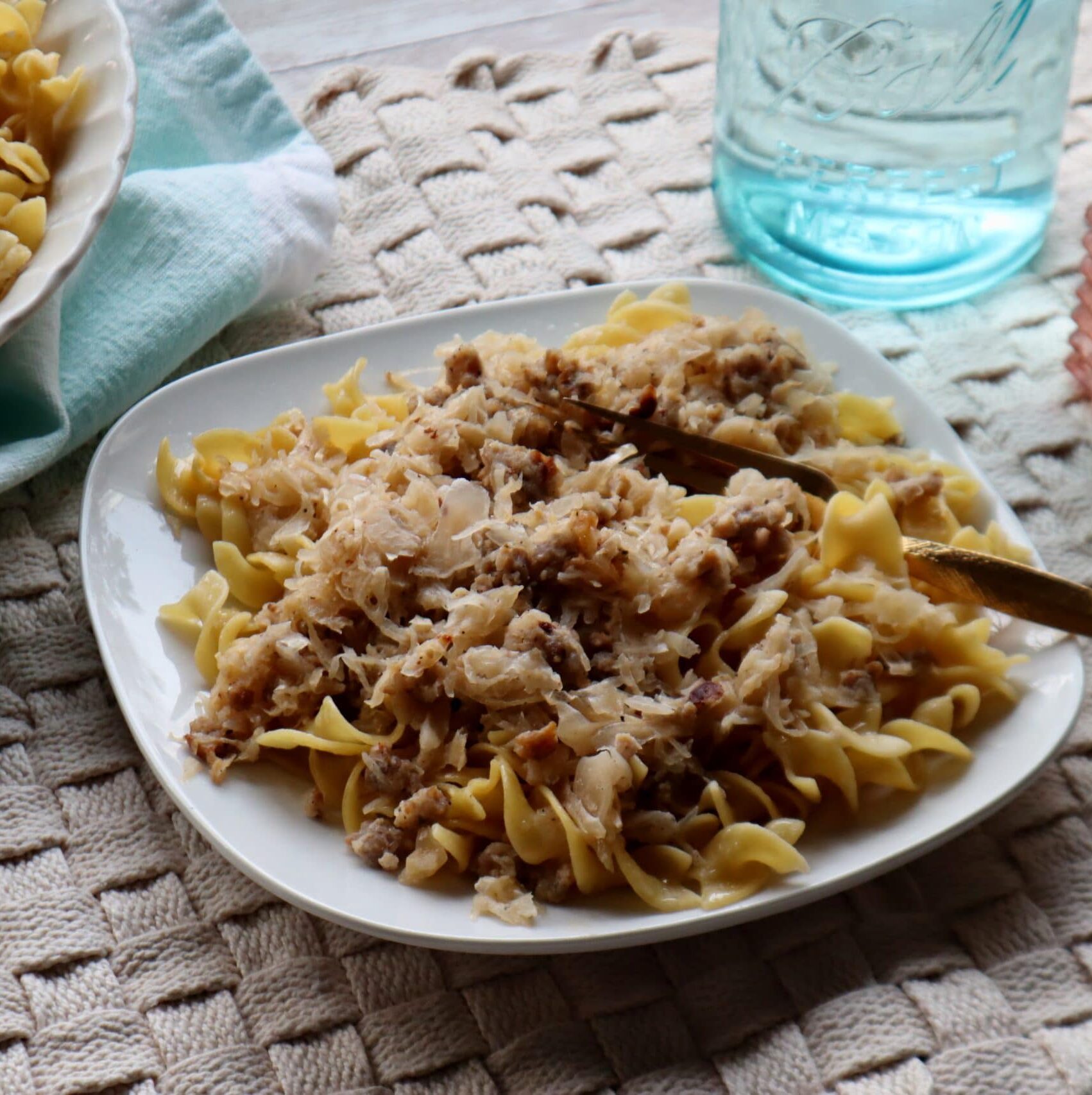 Easy Fried Sauerkraut and Sausage with Buttered Noodles
