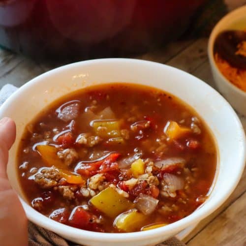 A bowl full of steaming Unstuffed Pepper Soup