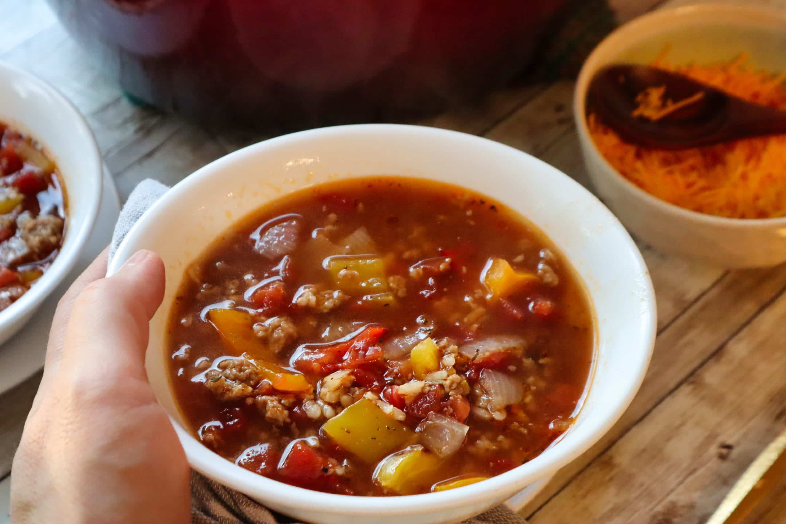 A bowl full of steaming Unstuffed Pepper Soup
