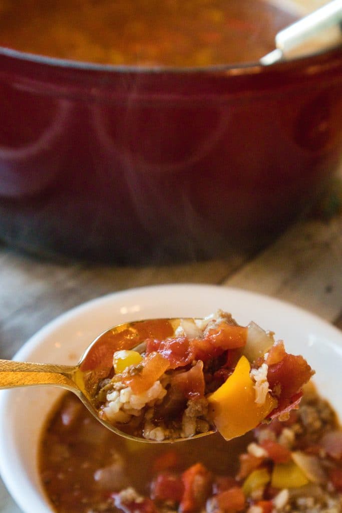 A spoonful of the the yummy soup made from the best unstuffed pepper soup recipe.