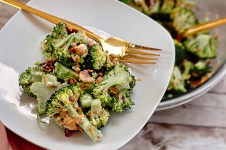 A plate full of homemade easy broccoli salad