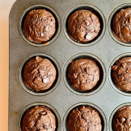 Tin of fresh baked Double Chocolate Zucchini Muffins with Buttermilk