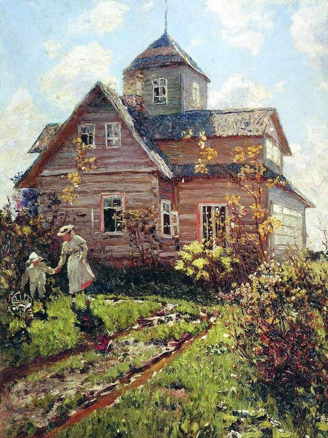 A oil painting of a mother and child in front of a cottage.