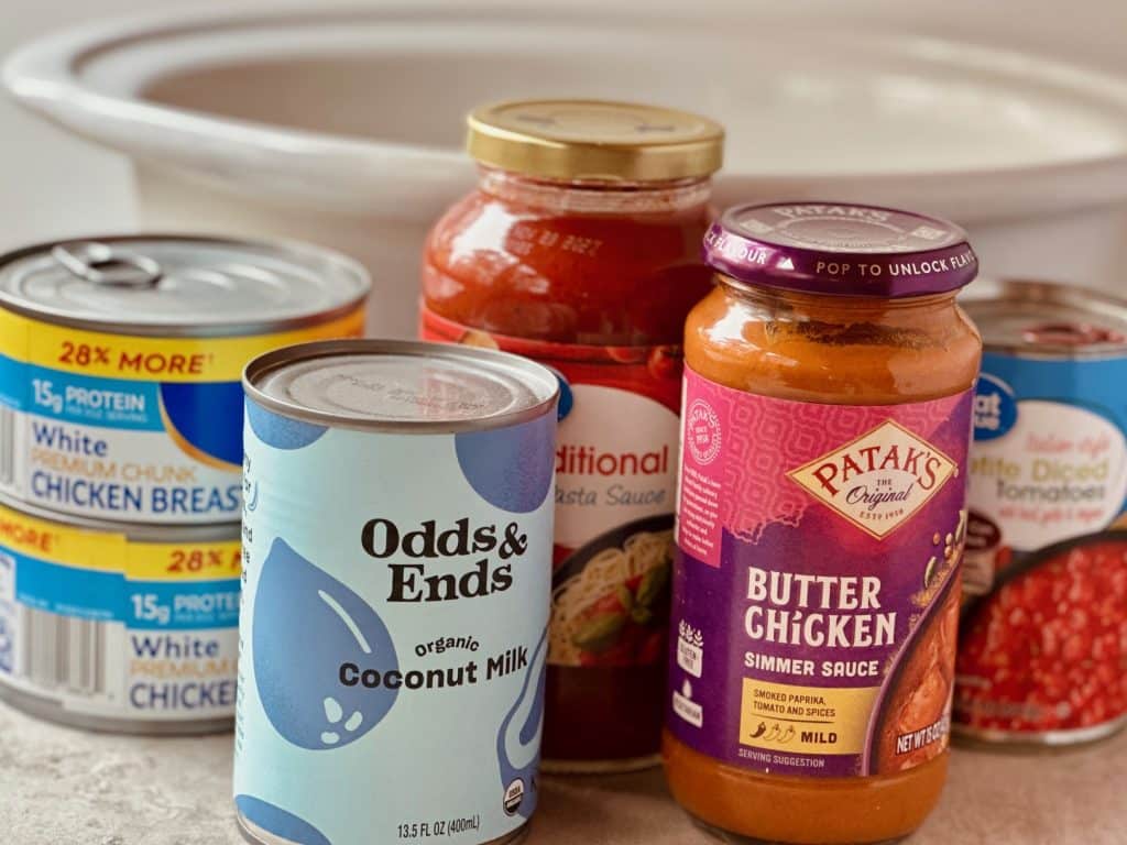 Slow-cooker Butter Chicken Ingredients in a row.