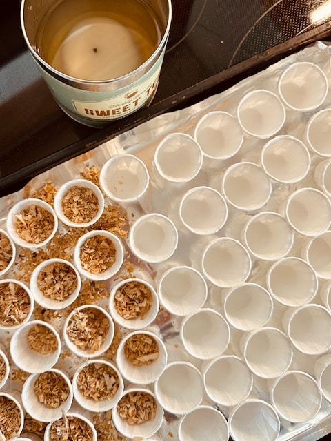 Making homemade fire starters for the woodstove.