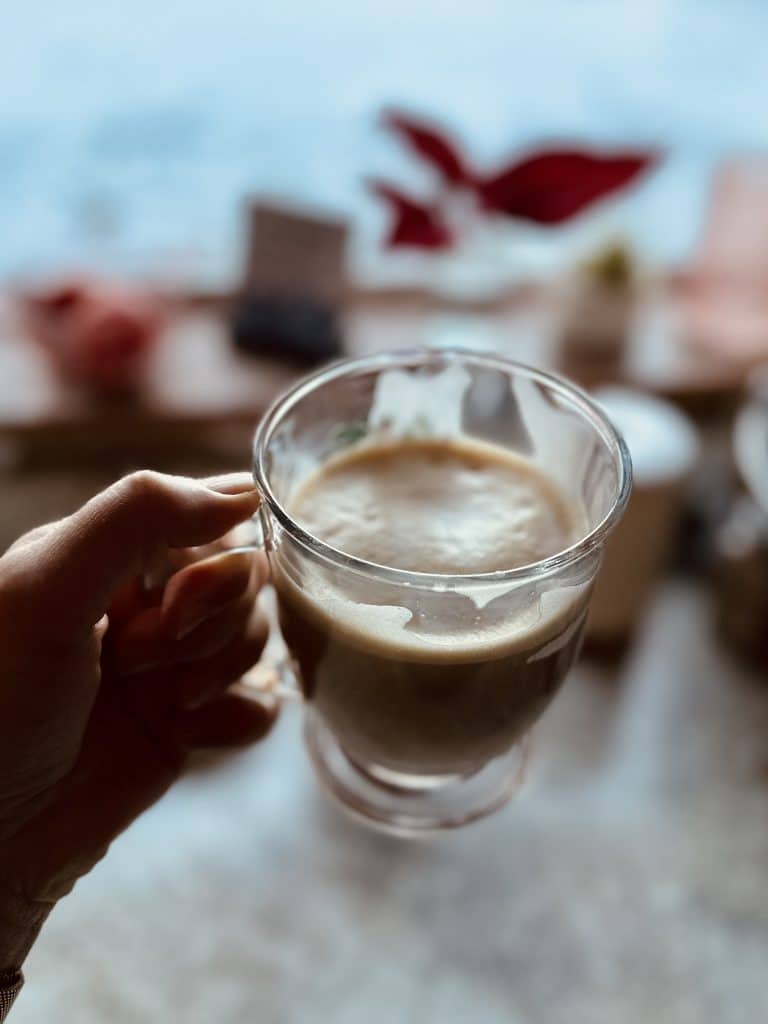 A steaming cup of morning coffee