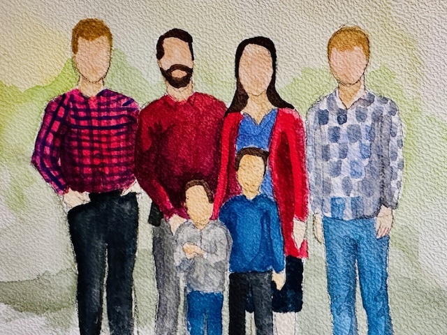 A watercolor family of a family photo